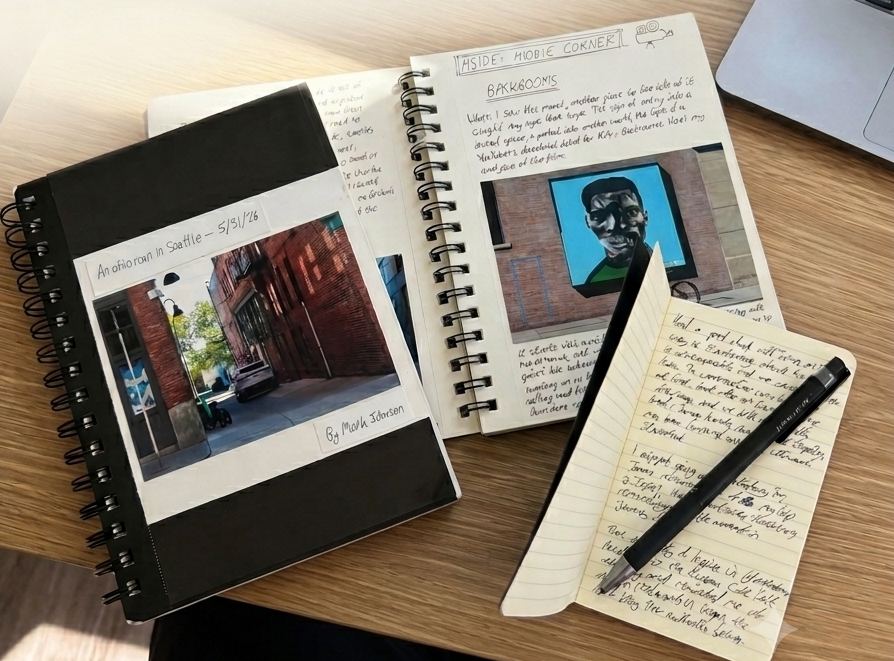 Mark's handwritten travel journals and notebooks