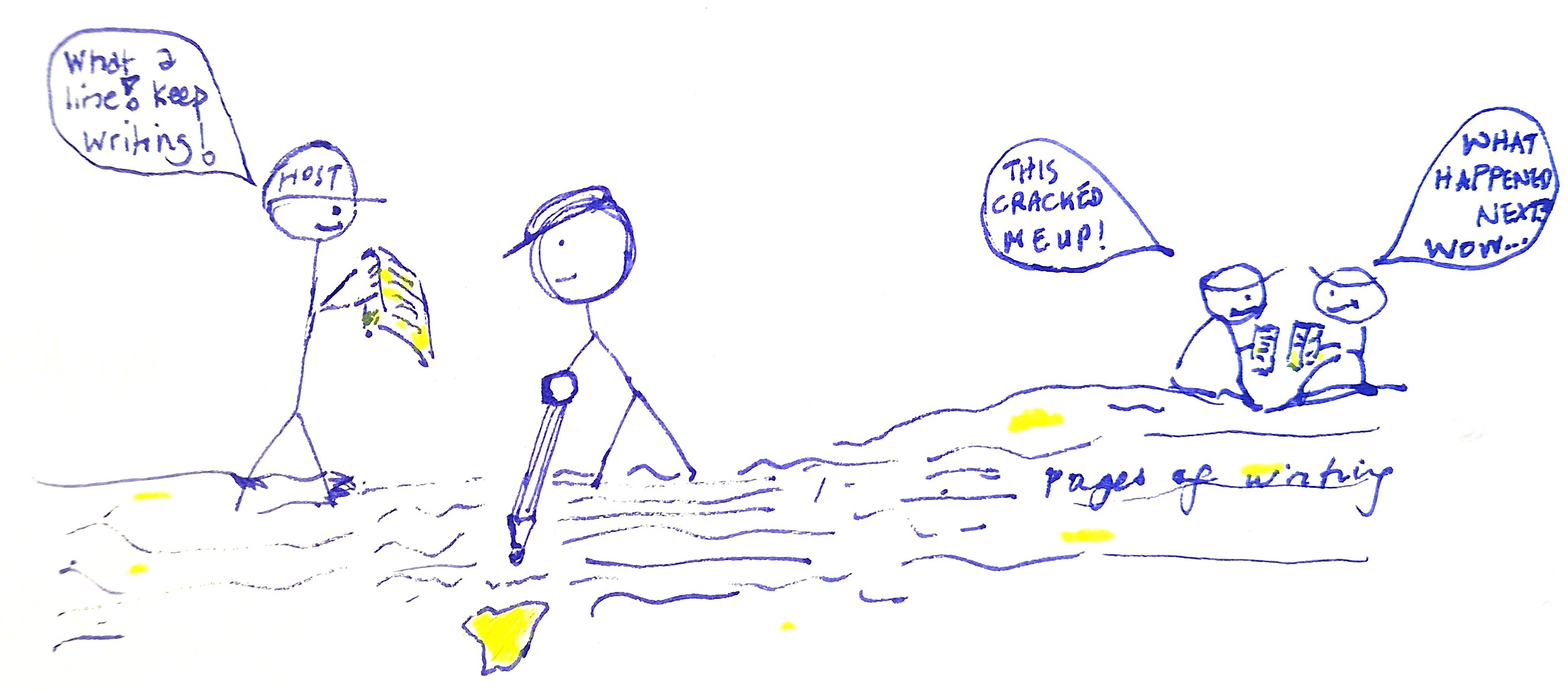 Stick figures encouraging each other's writing and reading pages of writing together
