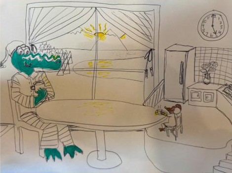 A pen drawing of a crocodile in striped pyjamas drinking tea at a kitchen table at sunrise, with a small mouse at the other end