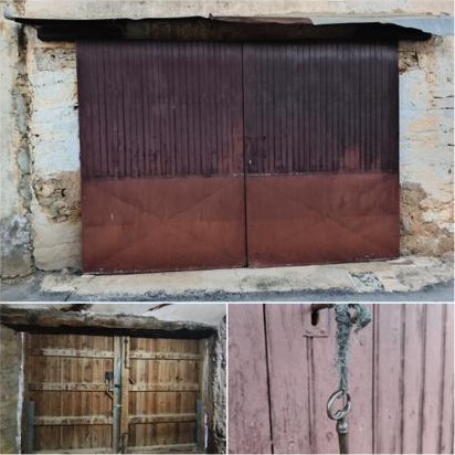 Three photographs of weathered wooden and metal doors set in old stone walls